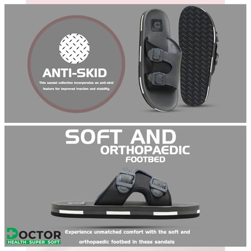 Image of DOCTOR HEALTH SUPER SOFT Men Comfortable Double Strap Slippers with Adjustable Buckles, Cushioned Footbed and Anti Slip Sole, Casual Everyday Wear Sliders for Indoor and Outdoor Use