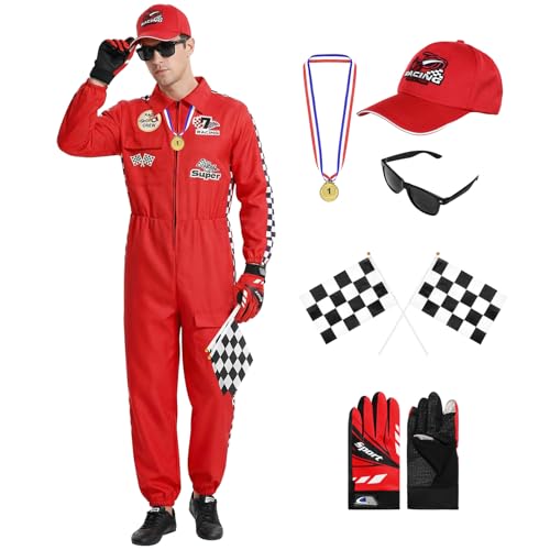 Image of Joyesplay Racing Driver Costume Men's Red Jumpsuit Women's Jumpsuit 6 Pieces for Adults Men (Red, XXL)