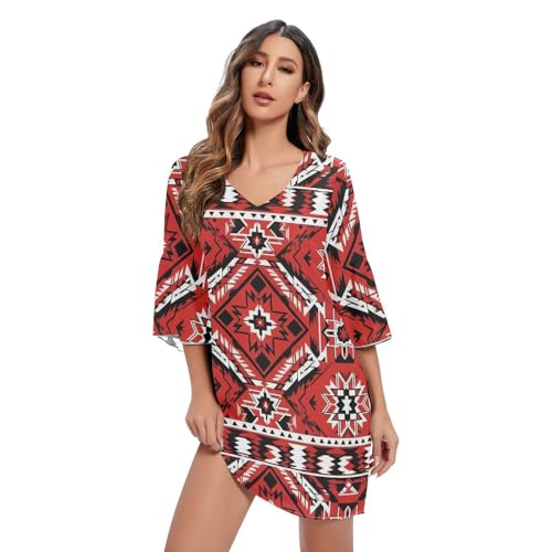 Robe à carreaux rouge col en V imprimée hawaïenne pour femme tendance été Chic