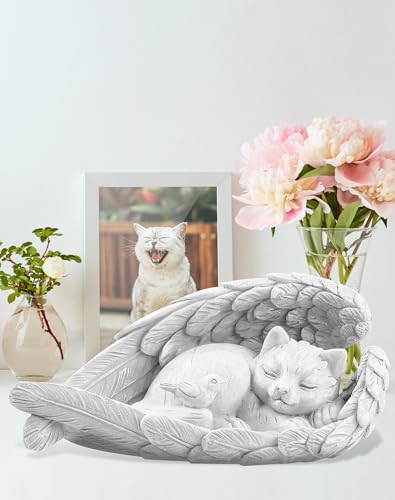 NETONDA Katze Engel Gedenkstein Grabstein Katze für draußen Tiergrabstein Polyresin Katzenfigur Garten wunderschönes Andenken Zuhause Grabschmuck Deko (Reinweiß)