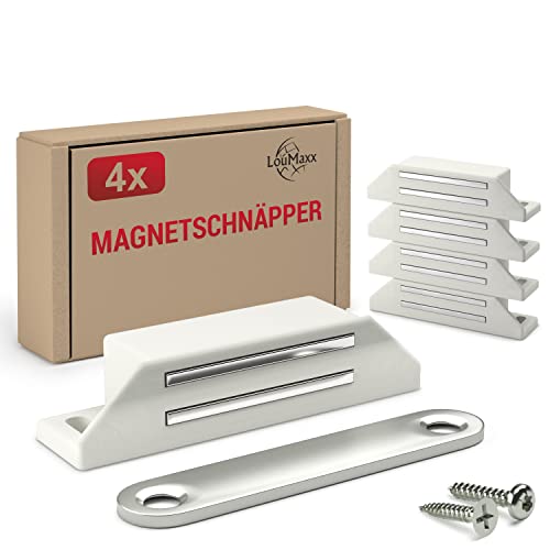 LouMaxx Magnetschnäpper sehr stark - Haltekraft 8kg - 4er Set in weiß – Türmagnet - Magnetverschluss - Tür Magnet - Magnetverschluss Schrank - Magnet Türschließer - Magnet Schranktür