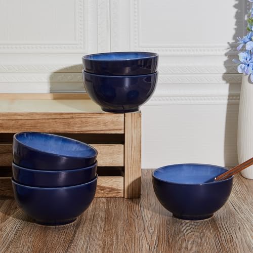 Image of Pokini 5.5 inch Stoneware Cereal Bowls Set of 6, 22 Oz Soup Bowls Set | Reactive Glaze Cereal Bowls Set for Cereal Soup Snacks, Kitchen Bowls for Meal, Dishwasher & Microwave Safe, Light Blue