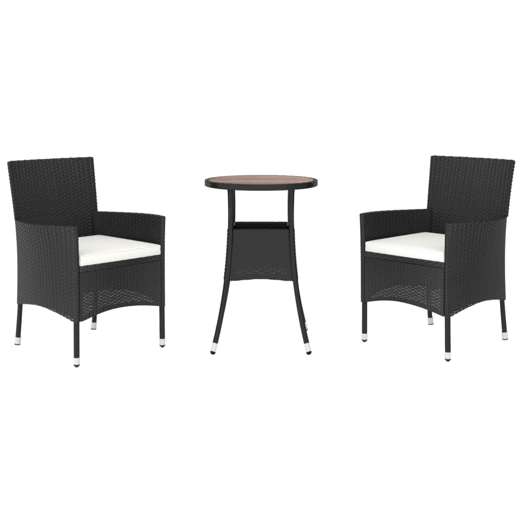 Fengshui Set da giardino da 3 pezzi, in polyrattan nero, con cuscino | Telaio in acciaio verniciato a polvere, resistente alle intemperie, facile da pulire, 110 kg per sedile