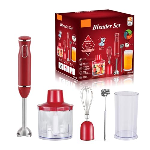 Hand Blender, 5-in-1 Stainless Steel Electric Stick Blender, 800W, with 2 Speed and Turbo Mode, for Baby Food, Smoothies, Soup, BPA-Free (Red)