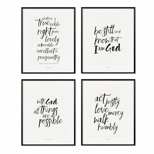 Scripture Wall Art - Brush Calligraphy Bible Verse Prints, Set of 4 - Christian Home Decor for Living Room, Bedroom, Office - Unframed 8x10 Black White