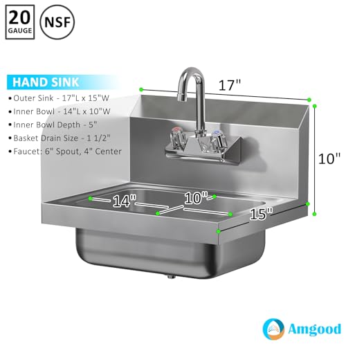 Image of AmGood Stainless Steel Wall Mount Hand Sink with Faucet and Left Sidesplash 17 inch x 15 inch | NSF Commercial Hand Washing Basin For Restaurant, Kitchen and Home | Bowl Size: 10 inch x 14 inch