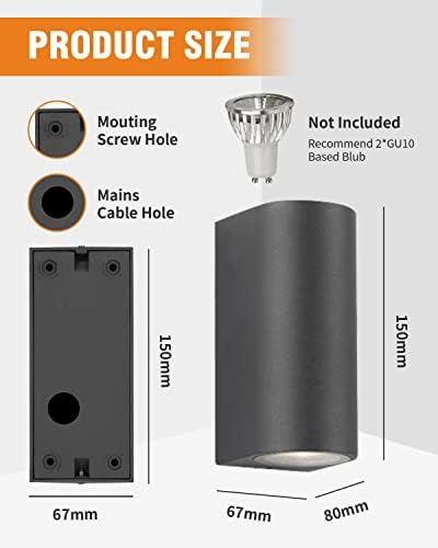 KALAHOL 2-Pack Outdoor Wall Lights, Max 35W GU10 Aluminum Up/Down Outside Wall Lamp IP65 Waterproof Garden Wall Lights Mains Powered Outdoor Wall Lamp for Garden, Hallway, Patio, Garden, Pathway