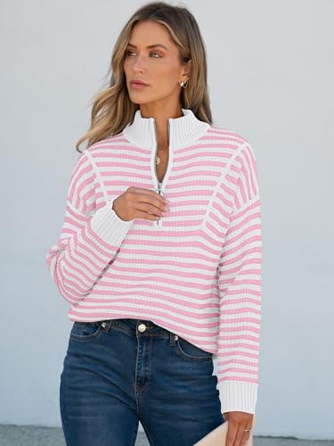 Image of ANRABESS Sweaters for Women Striped Half Zip Long Sleeve Ribbed Knit Pullover Comfy Casual Lightweight Tops 2026 Fall Fashion