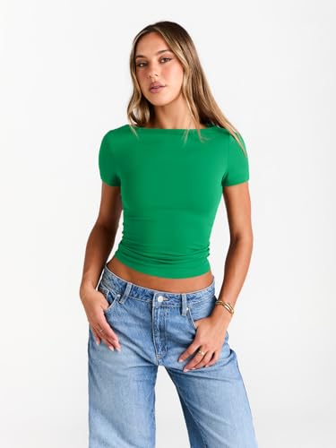 Image of Trendy Queen Womens Boat Neck Tops Short Sleeve Shirts | Compression Basic Tops,Y2K Aesthetic Slim Fit,Professional Business Casual, Polished Teacher Outfits