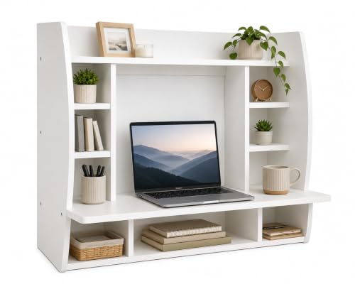 Image of Versatile Wall Mount Floating Computer Desk - Stylish and Space-Saving Writing Study Table with Shelves - Ideal for Living Room, Bedroom, and Home Office, White