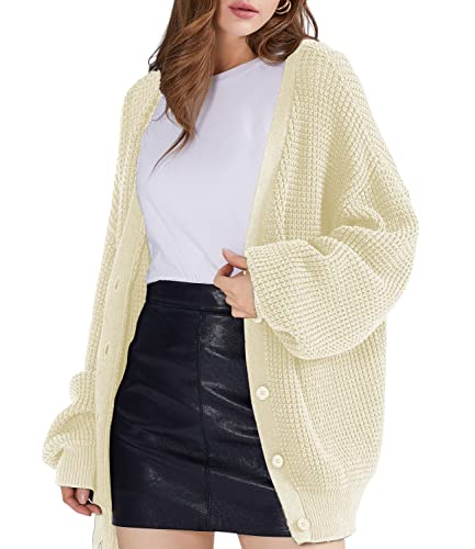 Image of QUALFORT Women's Oversized 100% Cotton Cardigan Sweater | Long Sleeve V Neck Button Down Open Front Knit Outerwear