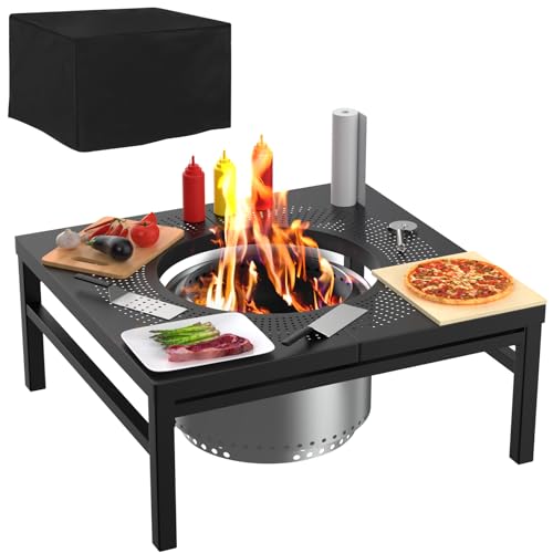 Fire Pit Surround Tabletop for Solo Stove Accessories,Square Outdoor Fire Pit Table for Solo Stove Bonfire Ranger and Other Wood Burning, Black Powder-Coated Steel Stove Table Surround,38 Inch