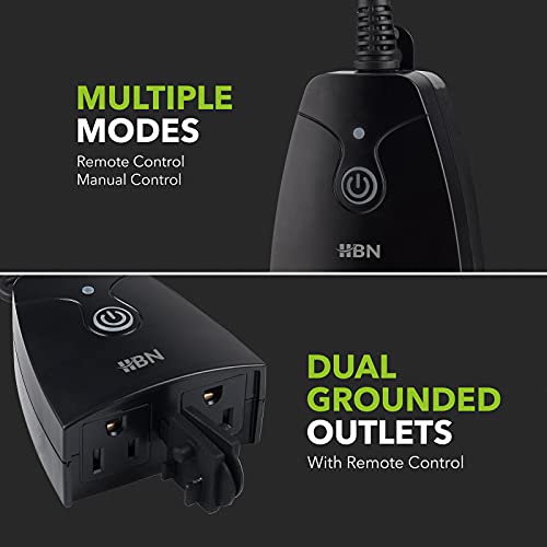 Hbn Outdoor Indoor Wireless Remote Control Dual 3-Prong Outlet Weatherproof Heavy Duty 15 A Compact 2 Grounded Outlets With Remote 6-Inch Cord 100Ft Range Etl Listed (Battery Included) #TOP1