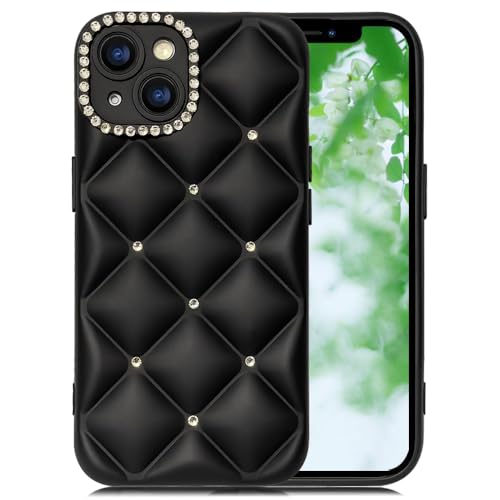 JOOBOY スマホケース 対応 iPhone 15 ケース かわいい キラキラ ブリンブリン 菱形 凹凸 ストーン ハードかばー 薄型 軽量 女性人気 キャラクター 滑り止め 指紋防止 ストラップホール付き 衝撃吸収 アイフォン15 携帯ケース (ブラック, iPhone 15)