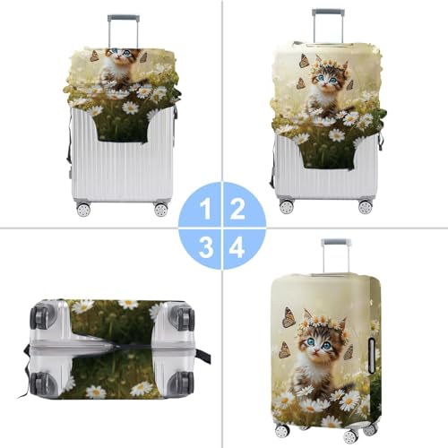 Image of Cute Cat and Butterflies Luggage Cover for 24-26 Inch Suitcase - Colorful Floral Travel Protector with Daisy and Meadow Design - Stretch Washable Luggage Sleeve,M