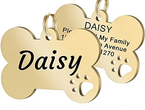 JATEBI Personalized Pet ID Tags, Stainless Steel Dog Tags,Custom Bone&Hollowed Paw Shaped Engraved Dog Name, Label, Address & Phone, Customizable on Both Sides(Gold,M)