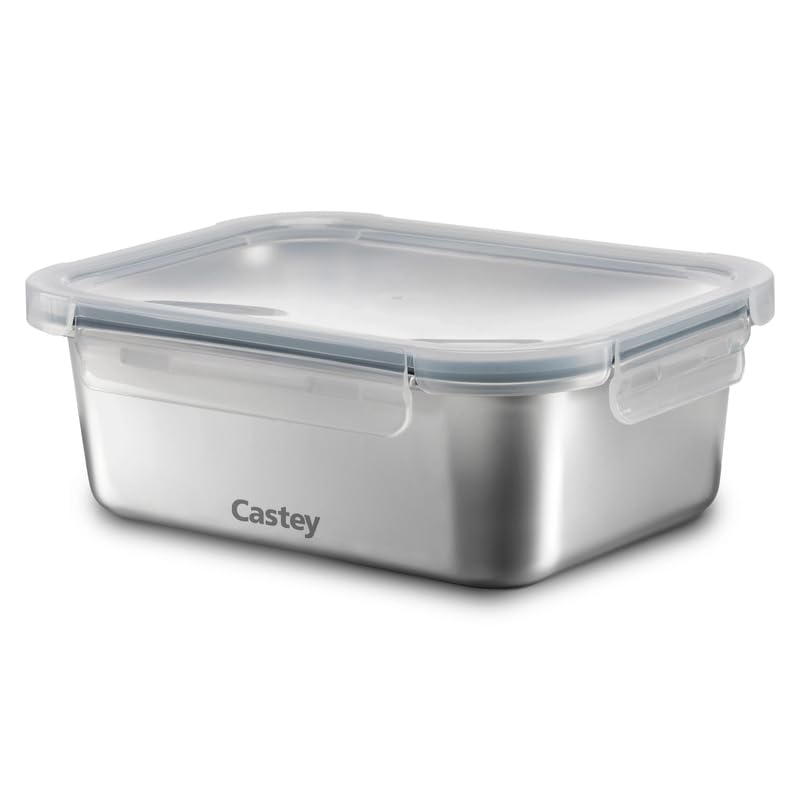 Castey - Envase Rectangular de Acero Inoxidable, 1780 ml, Cierre Hermético con Tapa, para Conservación de Alimentos, Tapa Libre de BPA, Diseño Antiderrames, Apto para el Lavavajillas