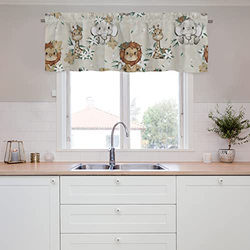 African Jungle Safari Animals Retro Flowers Kitchen Curtain Valances 54''X18'' Lion Giraffe Elephant Rod Pocket Window Treatment Decor Wild Animals Small Curtain Topper Cafe Nursery Bedroom 1 Pack #TOP3