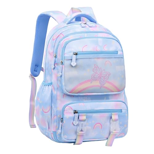 Mildame Mochila infantil para meninas, lindas mochilas borboletas arco-íris para adolescentes de 8 a 12 anos de idade, Azul - G, Large, Clássico