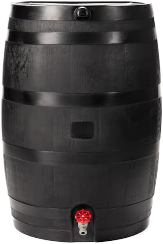 RTS Home Accents 50-Gallon ECO Rain Barrel Made with 100% Recycled Plastic, Flat Back Rain Water Collection Barrel, Black