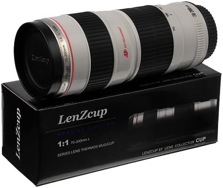 Thermo LenZcup with Stainless Steel Insulated Tumbler (Modeling 1:1 Canon EF 70-200mm f/4L USM Lens, White), 16oz