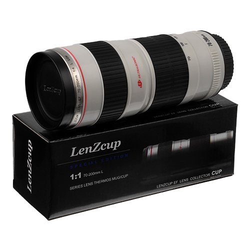 Thermo LenZcup with Stainless Steel Insulated Tumbler (Modeling 1:1 Canon EF 70-200mm f/4L USM Lens, White), 16oz