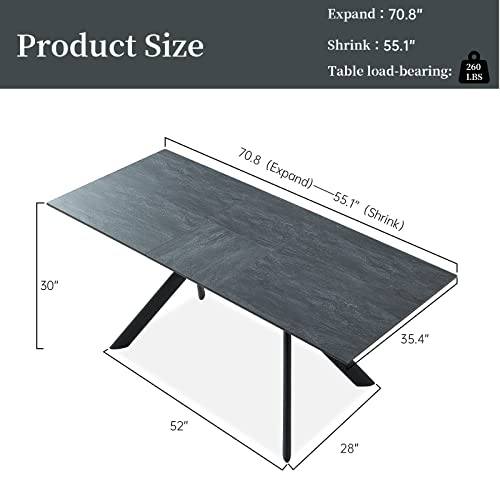 Jiexi Extendable Dining Table, Rectangular Mdf Slate Stone Color Top With Steel Legs For 6-8 People, Modern Indoor Extendable 55'' To 71'' Dining Kitchen Table For Kitchen Room, Dining Room #TOP1