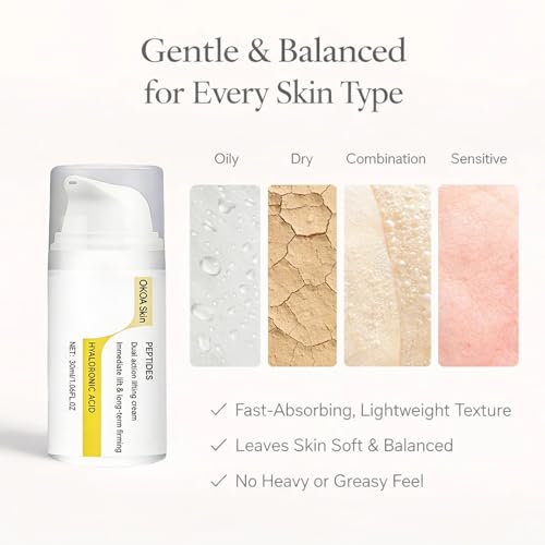 OKOA Skin Instant Lifting Cream, Dual Action Lifting Cream with Peptides & Hyaluronic Acid, Instant Face Lift Cream For All Skin Types, Reduce Fine Lines & Wrinkles, Smooths Skin Feeling