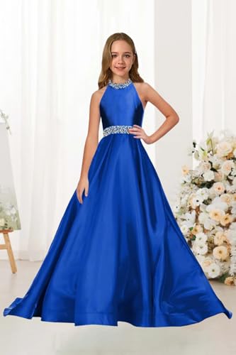 Flower Girls Satin Rhinestone Pageant Dresses Princess A Line Halter Birthday Formal Party Communion Gowns for Teens4