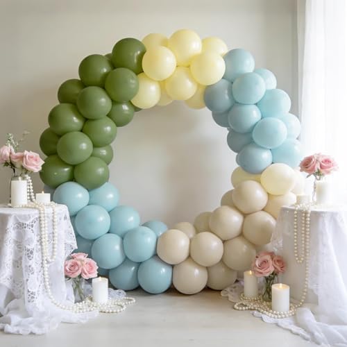 Image of Dusty Blue Sage Green Pastel Yellow Latex Balloons Kit 60pcs 12-in | Light Baby Blue Olive Green Butter Yellow Helium Balloons with 1 ribbon for Kids Birthday Wedding Baby Shower Party Decor