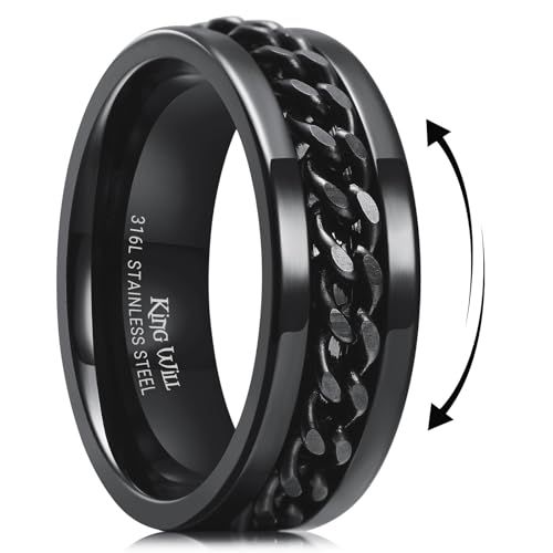 King Will 316L Stainless Steel Fidget Ring for Men Women-8mm Black Chain Spinner Ring, Durable Wedding Band with Stress Relief Comfort Fit Fidget Spinner Men's Jewelry Size 9