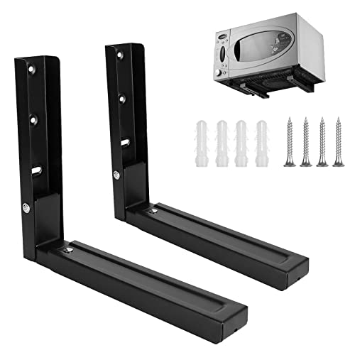JMIATRY 2 Pcs Microwave Shelf Brackets, Universal Adjustable Depth Microwave Wall Bracket Max 45kg, Black Microwave Brackets Wall Shelf Suitable for All Microwaves