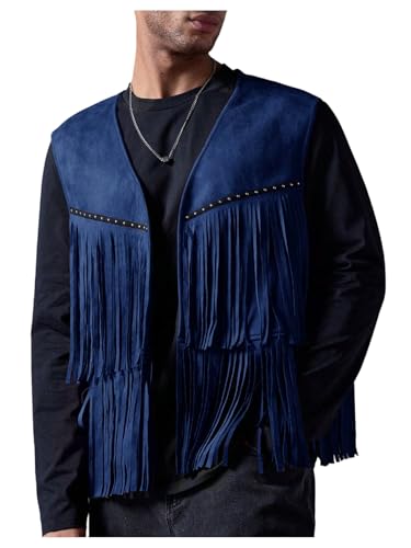 OYOANGLE Mens Casual Suede Top Shirt Boho Fringe Trim Open Front Sleeveless Vest Jacket Waistcoat Deep Blue XL