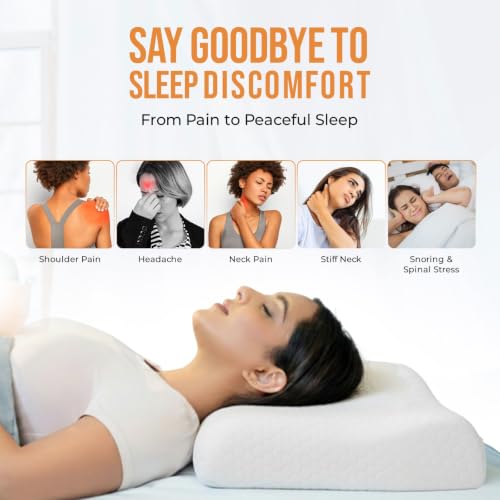 Image of CareFoam Orthopedic Cervical Memory Foam Pillow | Ergonomic Contour Neck Support Pillow for Back, Side & Stomach Sleepers | High Density Memory Foam | 19 x 11 x 2.5-3.5 Inch | White