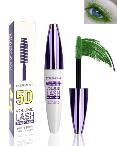 Máscara de Pestañas De Fibra de Seda Verde 5D, Rímel Waterproof, Máscara de Pestañas Larga Duración para Definición y Volumen, Rizos de Secado Rápido, A Prueba de Manchas,Maquillaje De Ojos Para Mujer