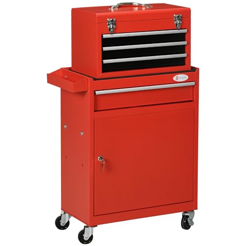DURHAND Carrello Porta Attrezzi 2 in 1 con Cassetta Portautensili Rimovibile, Armadietto con Chiave e 4 Cassetti Totali in Acciaio, Rosso