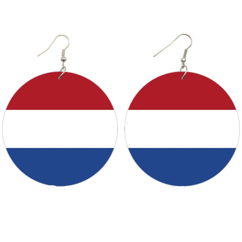 LODMLOERNetherlands Flag Earrings For Women - Trendy Dangle Earrings With Netherlands Flag, Ladies Fashion Wood Round Drop Earrings Patriot Souvenir Charm Jewelry Gift