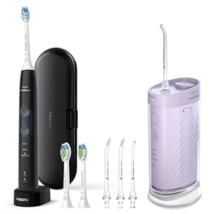 Philips Sonicare Complete Care Kit, Compact Flosser 1000, Purple, ProtectiveClean 5300 Rechargeable Electric Toothbrush, Black and 2PK Compact Nozzle Bundle, BD2001AZ