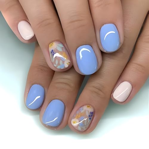 Flower Press on Nails Short Square Fake Nails Blue Nails Press Ons Glossy Full Cover Glue on Nail Summer Spring False Nails Reusable Acrylic Stick on Nail for Women Decorations Set 24Pcs