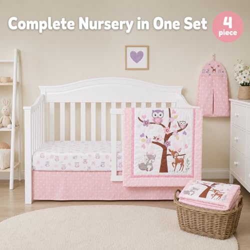 Image of EVERYDAY KIDS 4 Piece Girls Crib Bedding Set - Owls - Soft 100% Cotton Percale - Includes Quilt, Fitted Sheet, Dust Ruffle and Diaper Stacker - Nursery Bedding Set - Baby Crib Bedding Set