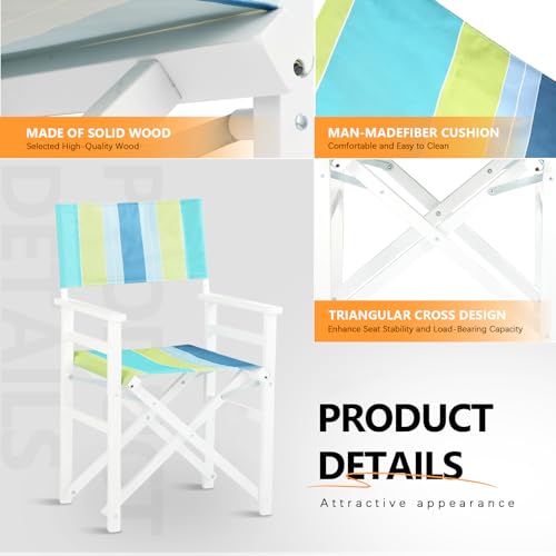 Bonnlo Folding Camping Chair Set of 2 with Sturdy Wooden Frame & Beige Canvas for Outdoor, Patio, Indoor Use, Durable Portable Director\'s Chair, Green and Blue Strip