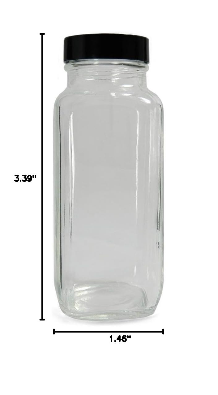 Qorpak GLC-01293 Clear Glass French Square Bottle with 28-400 Black Phenolic Polyseal Cone Lined Cap, 37mm OD x 86mm Height, 2oz Capacity (Case of 48)
