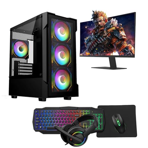 Gaming PC – Intel Core i5, GT710 2GB Graphics, 16GB RAM, 1TB HDD + 128GB SSD, Windows 11 Pro, 22 Monitor, Keyboard, Mouse, Headset – High-Performance Gaming PC Bundle (Neo Black)