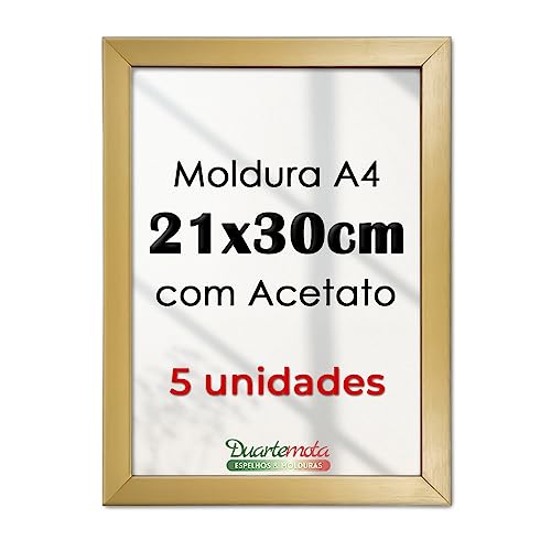 Kit de Molduras A4 21x30cm de Madeira Pinus Laqueada com Acetato para Quadros Dourada Branca Preta T