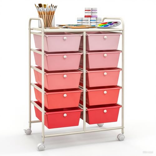 GLACER 10 Drawer Rolling Cart, Storage Cart with Lockable Whieels & Metal Frame, Trolley for Art Craft Oganizer, Mobile Utility Cart for Office, School, Classroom, Kitchen (Pink Gradient)