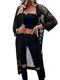 Verdusa Women's Hollow Out 3/4 Sleeve Open Front Knit Cardigan Long Kimono Black S