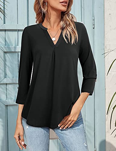 Gaharu Work Tunics For Women Office Summer Dressy Blouse V Neck 3/4 Tunic Shirt Fitted Casual Top Black,Large #TOP3