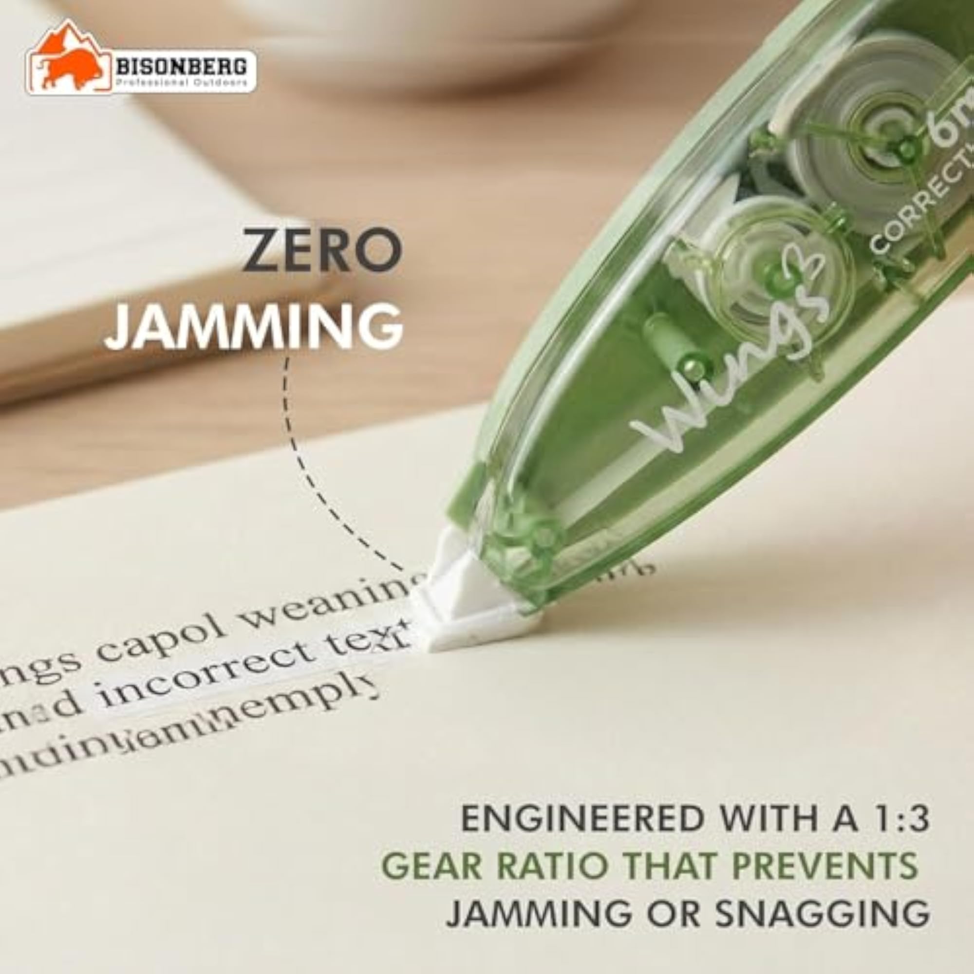 Correction Tape, Green, 6m x 5mm, Jam-Resistant Roller