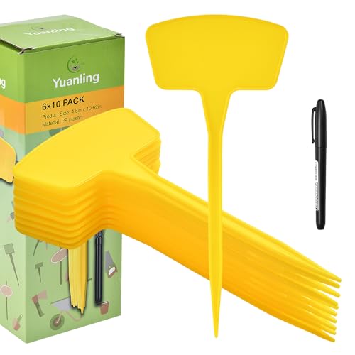 Plant Labels，60 Pcs Yuanling Plant Markers Large Plastic Plant Tags T-Type Waterproof Garden Labels for Outdoor Indoor Potted Plants Flowers Seeds Herbs with Garden Marker Pen