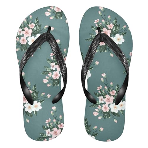 Sinestour Cherry Blossom Leaf Teal Flip Flops for Beach Thong Sandals Anti-slip Lightweight Beach Slippers for Summer Swim Travel